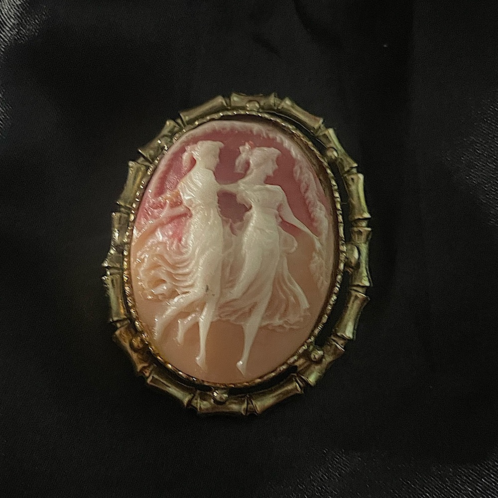 Vintage hand carved women dancing dancing graces Victorian style cameo brooch